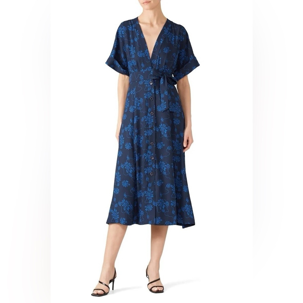 Equipment Femme Size 6 Blue Floral Short Sleeve NAUMAN Midi Wrap Dress